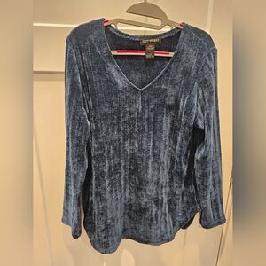 Soft Works Navy Blue Velour Chenille Top Small Long Sleeve V-Neck Made in Canada